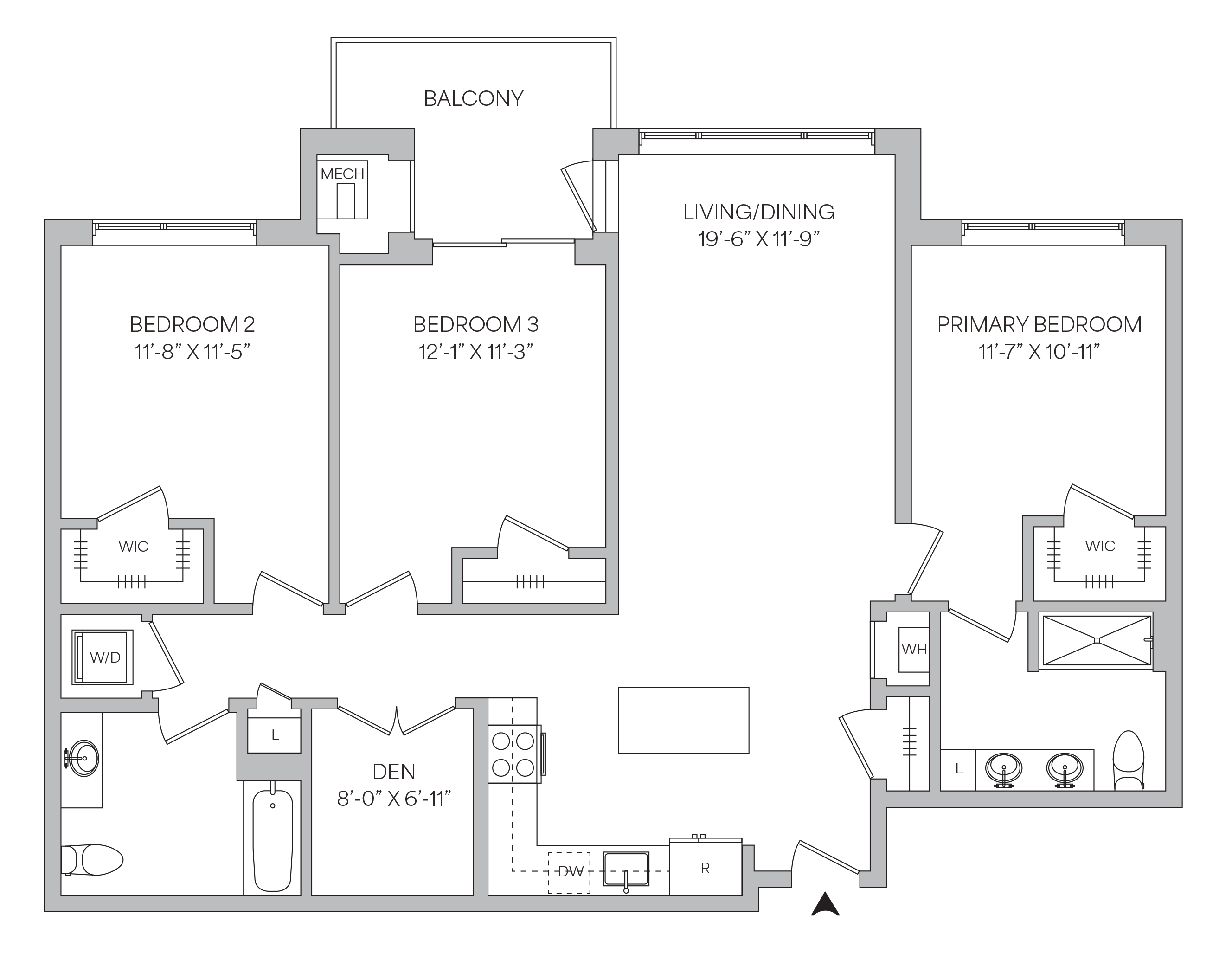 Floor plan for 3 beds, 2 baths, 1432 sqft